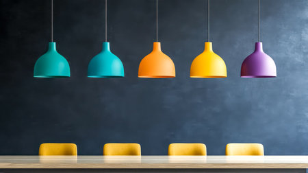 Colorful pendant lamps hanging over a modern table illuminating a dark wallの素材