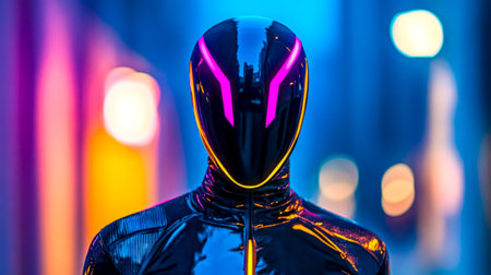 Cyberpunk character wearing futuristic helmet with neon lights in city at nightの素材