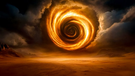Massive fire swirling vortex forming over desert landscapeの素材