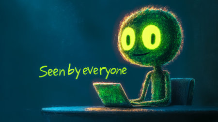 Glowing green person typing on laptop seen by everyoneの素材
