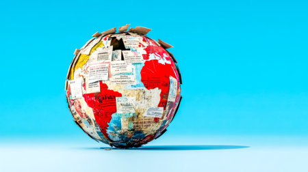 Globe covered with pieces of paper symbolizing global issues on blue backgroundの素材