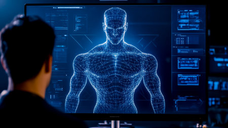 Video game designer creating 3d human model using computer softwareの素材