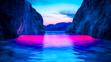 Surreal neon colored lake glowing brightly at sunset between two cliffsの素材