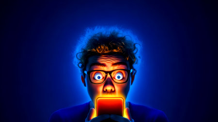 Shocked man reading bad news on glowing smartphone screenの素材