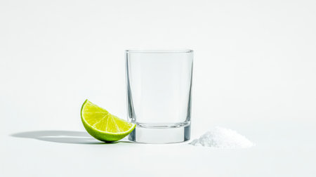 Empty tequila shot glass with lime and salt on white backgroundの素材