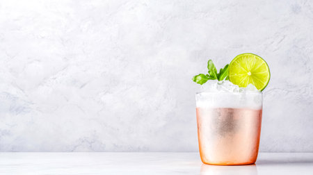 Refreshing moscow mule cocktail garnished with lime and mint in copper mugの素材
