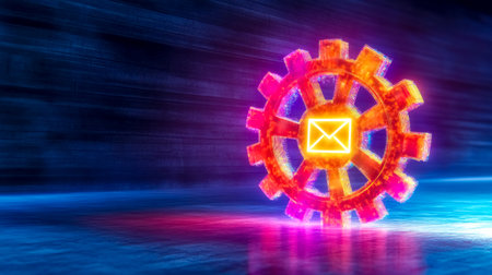Glowing algorithm wheel spinning out fake news and misinformation with email symbolの素材