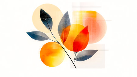 Branch with leaves overlapping colorful circles abstract designの素材