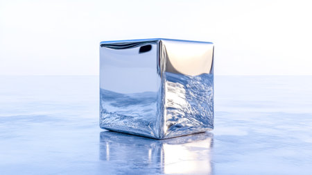 Chrome cube reflecting water surface on reflective floorの素材