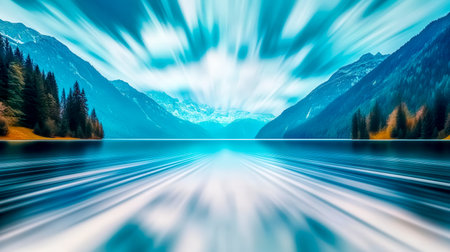 Speeding through a serene mountain lake with blurred skyの素材
