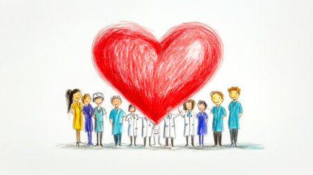 Medical team showing love and support with big red heartの素材