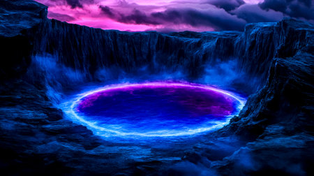 Glowing neon lake illuminating surreal landscape at nightの素材