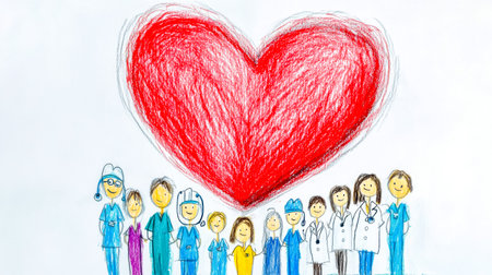 Medical team united under big red heart representing healthcare and loveの素材