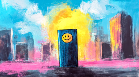 Air purifier with smiley face bringing clean air to polluted city in colorful paintingの素材