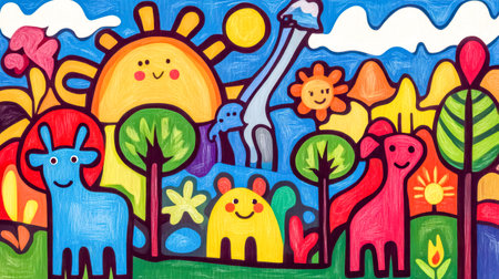 Colorful childlike drawing of animals and nature with smiling sunの素材