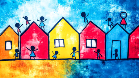 Children drawing colorful houses and playing togetherの素材