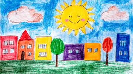 Colorful cityscape drawing with smiling sun and cloudsの素材