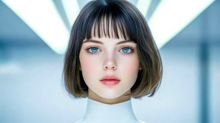 Young woman with blue eyes and dark hair posing in futuristic settingの素材