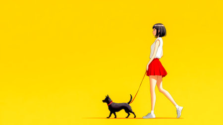 Young woman walking a black dog on a red leash against a vibrant yellow backgroundの素材
