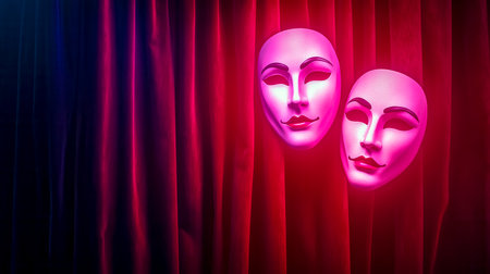 Comedy and tragedy masks glowing on red velvet curtainの素材