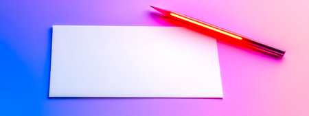 Neon pencil shining on blank white card on gradient backgroundの素材