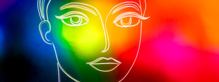 Woman face drawn with white neon light on rainbow backgroundの素材