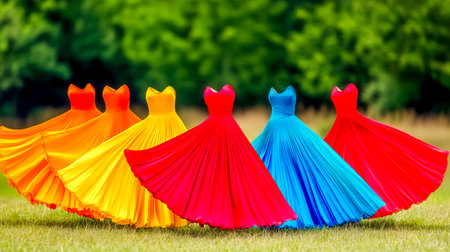 Colorful dresses blowing in the wind in a green fieldの素材