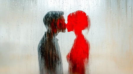 Couple kissing passionately behind wet glass windowの素材