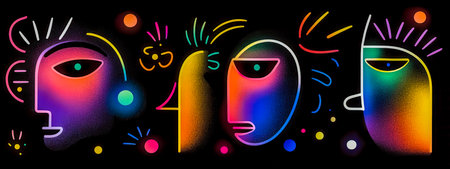 Neon abstract faces representing diversity and modern artの素材