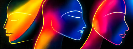 Neon glowing female faces representing diversity and inclusionの素材