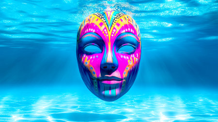 Colorful carnival mask submerged in clear blue waterの素材