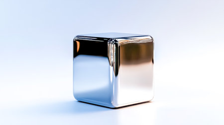Chrome cube reflecting light on white backgroundの素材