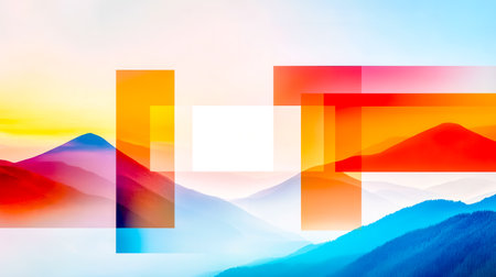 Colorful abstract geometric shapes overlapping mountain landscape backgroundの素材