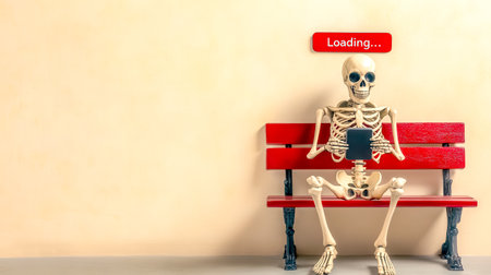 Skeleton sitting on bench using tablet and waiting for loadingの素材