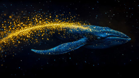 Majestic whale swimming through golden glitter in the cosmic oceanの素材