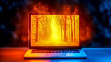 Glowing laptop displaying forest path with smoke or fog effect at nightの素材