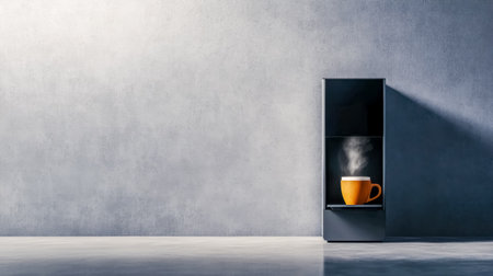 Coffee vending machine dispensing hot beverage into yellow cup against concrete wallの素材