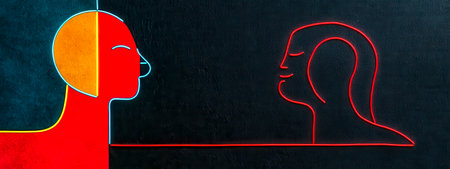 Two neon faces facing each other on dark backgroundの素材