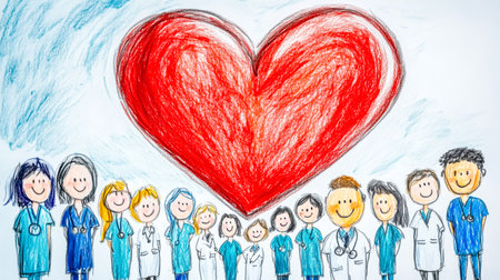 Medical team united under big red heart representing healthcare and loveの素材