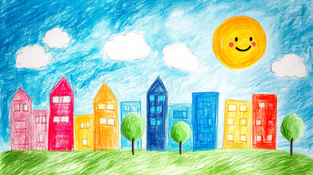 Colorful cityscape drawing with smiling sun and treesの素材