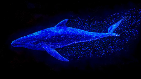 Majestic blue whale swimming through bioluminescent plankton in the ocean depthsの素材
