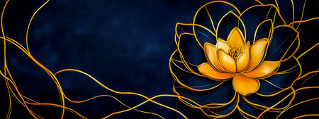 Golden lotus flower blooming on dark blue background with golden linesの素材