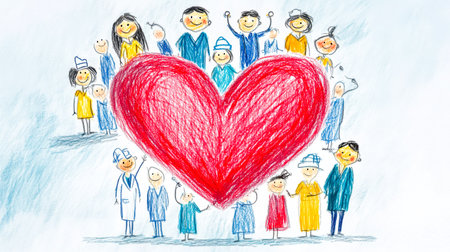 Happy people surrounding big red heart in crayon drawingの素材