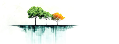 Upside down city reflecting on trees growing on a thin strip of landの素材