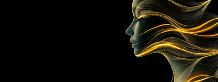 Golden energy flowing around womans face, digital artの素材