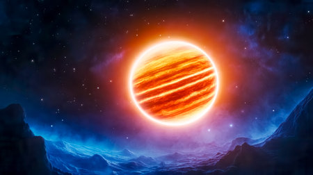 Jupiter like planet illuminating icy alien landscape in deep spaceの素材