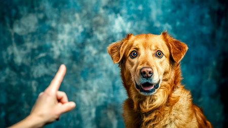 Veterinarian scolding dog pointing finger bad behavior pet care animal trainingの素材