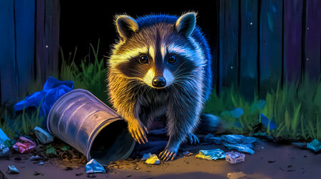Raccoon rummaging through garbage in backyard at nightの素材