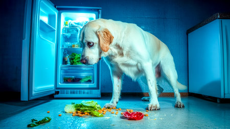 Labrador dog stealing food from refrigerator at nightの素材