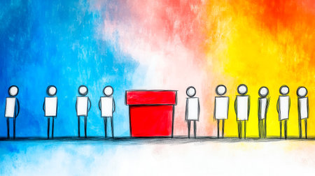 Stick figures waiting in line by a red box on colorful backgroundの素材